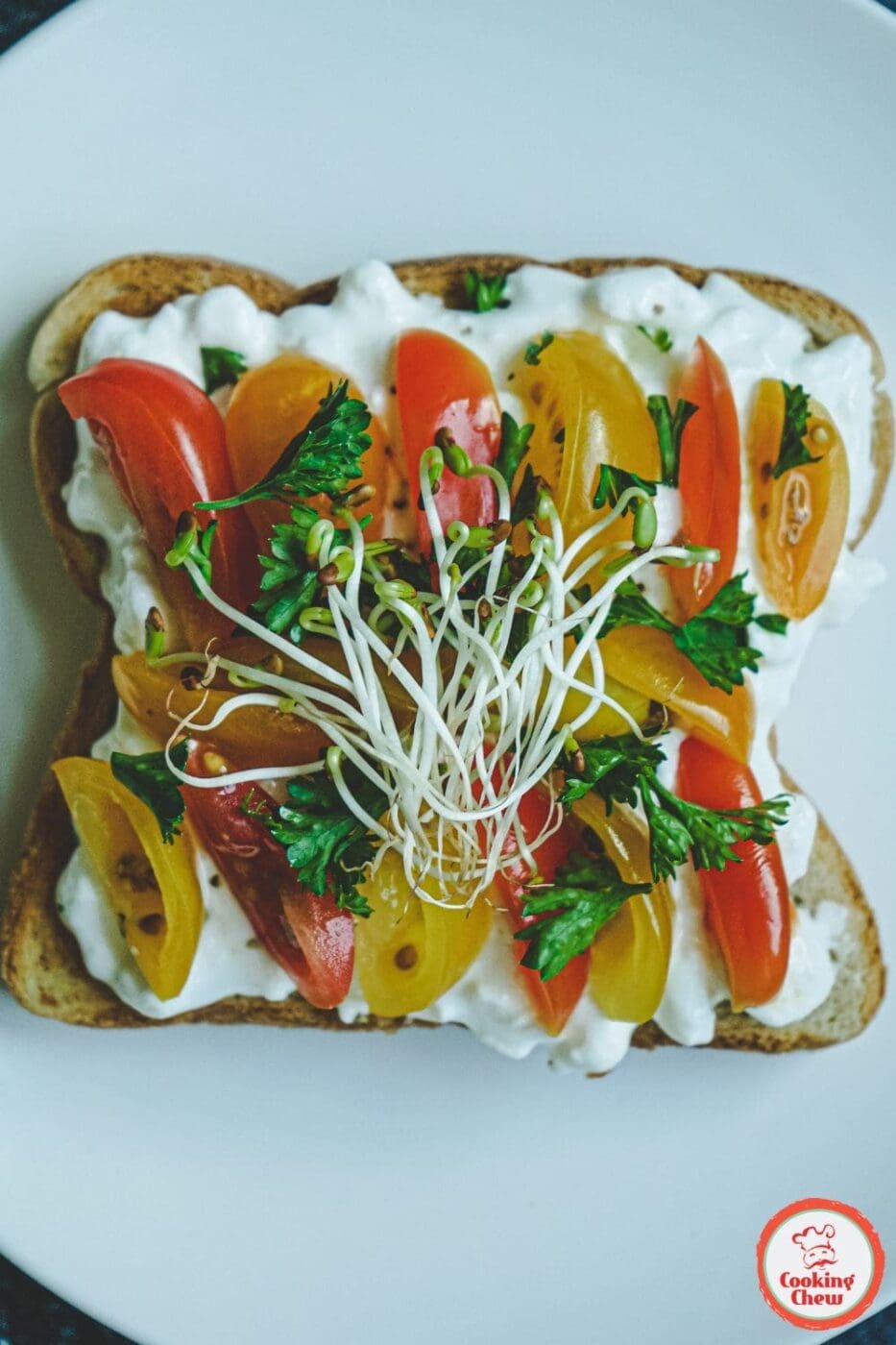 A slice of toasted bread topped with creamy cottage cheese, cherry tomatoes, and fresh herbs, served on a white plate.