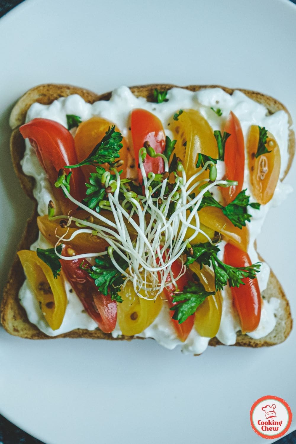 A slice of toasted bread topped with creamy cottage cheese, cherry tomatoes, and fresh herbs, served on a white plate.