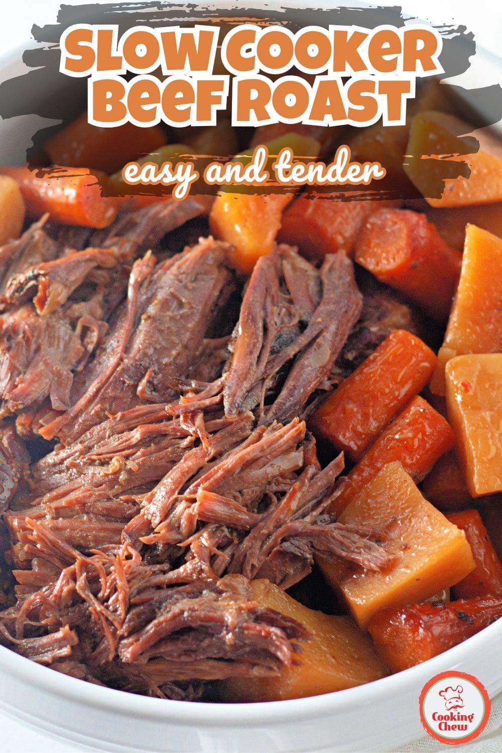 A perfectly cooked beef roast with vegetables in a slow cooker.