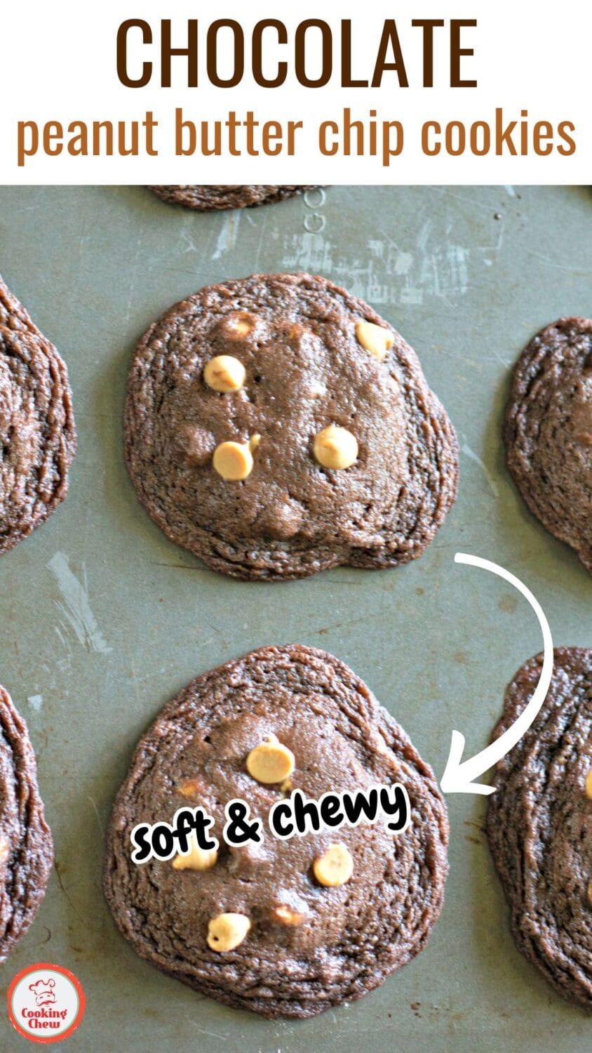 A stack of soft and chewy chocolate cookies with peanut butter chips, freshly baked and gooey inside.