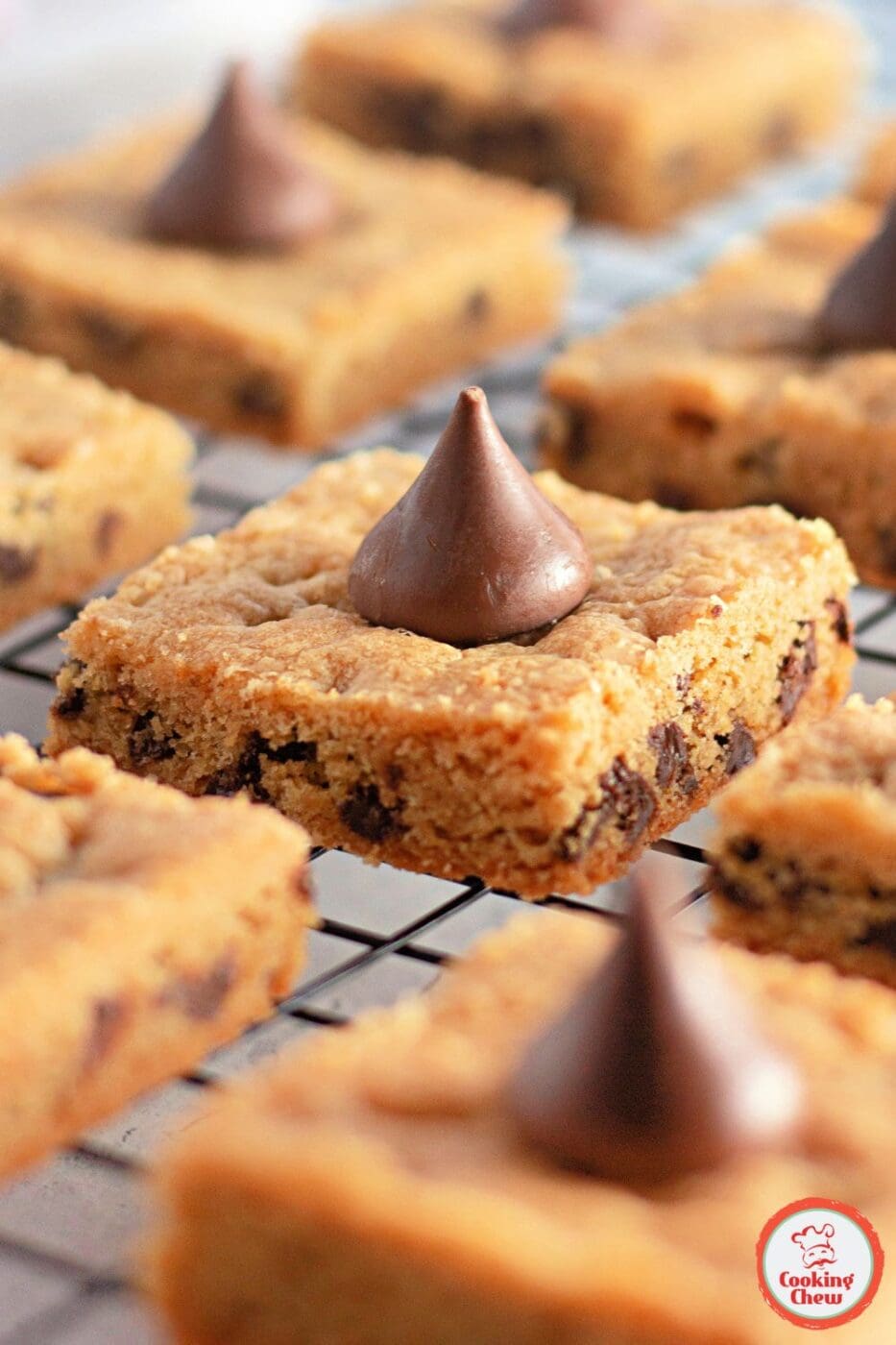 A batch of golden-brown peanut butter cookie bars cut into squares on a sheet pan.
