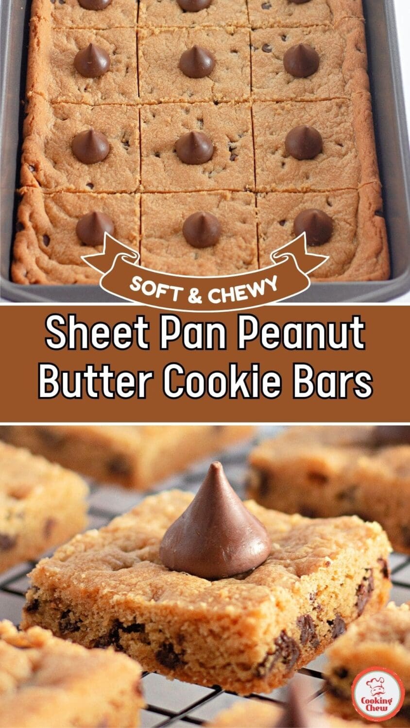 A batch of soft and chewy peanut butter cookie bars cut into squares on a baking sheet.