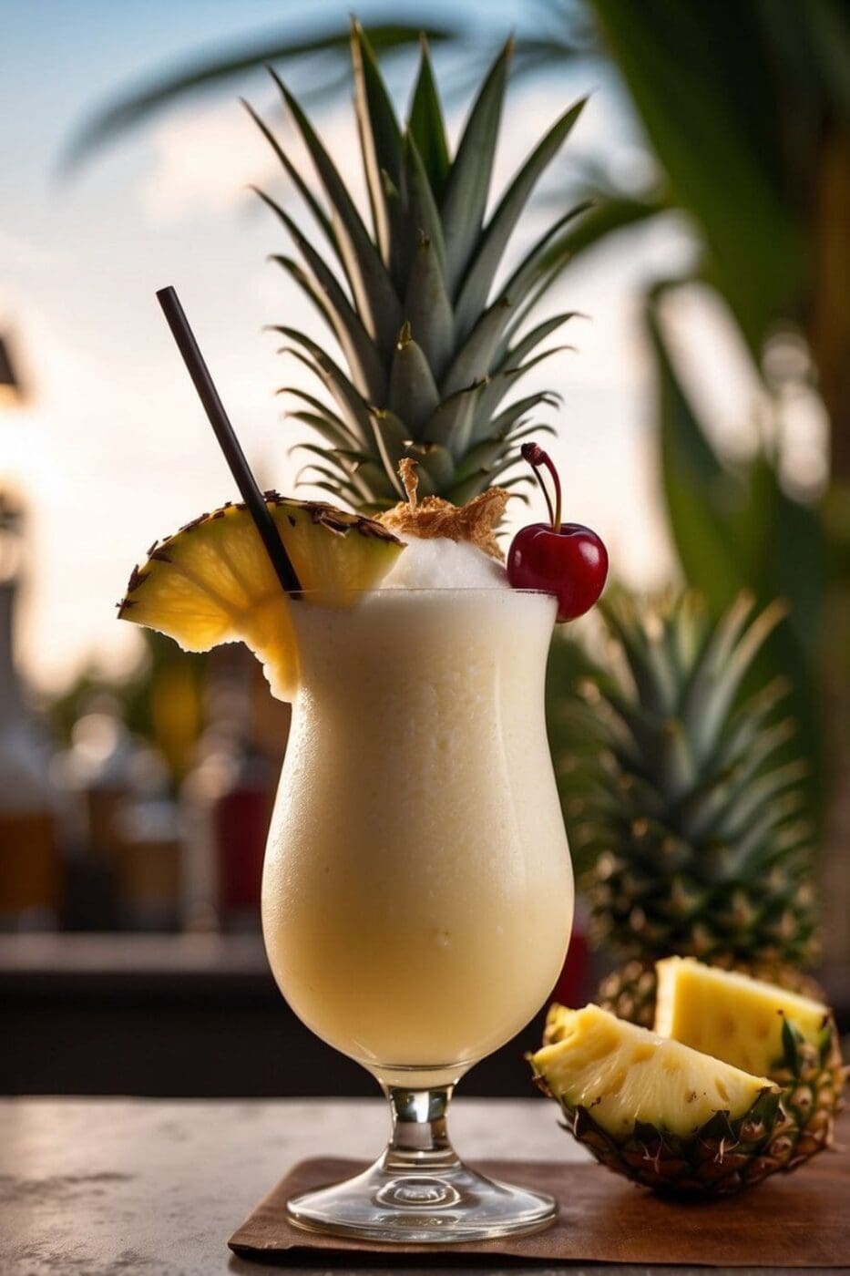 A spiced rum pina colada served in a tall glass, garnished with a slice of pineapple and a cherry.