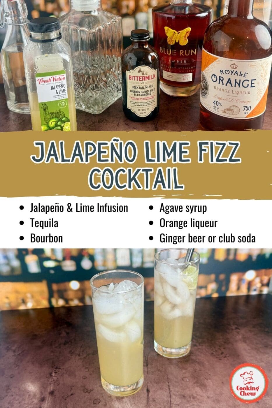 A close-up of a fizzy jalapeño lime cocktail in a rimmed glass with fresh jalapeño slices.