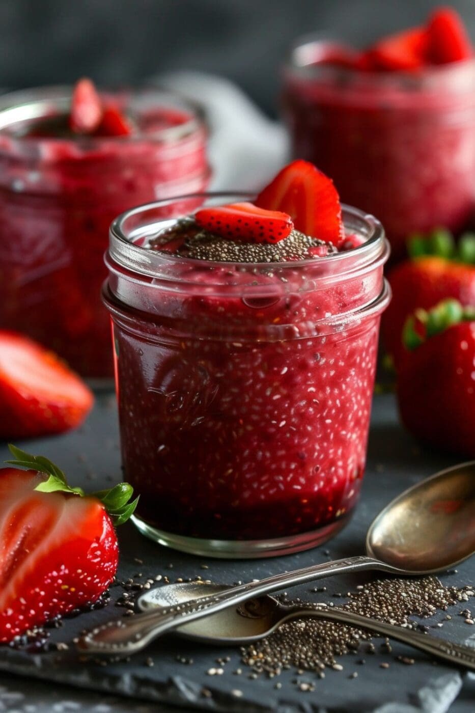 A creamy strawberry chia pudding in a glass jar, topped with fresh strawberries and chia seeds.