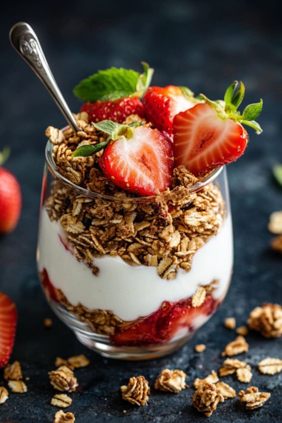 A beautifully layered strawberry yogurt parfait with granola, fresh fruit, and creamy yogurt in a glass jar.