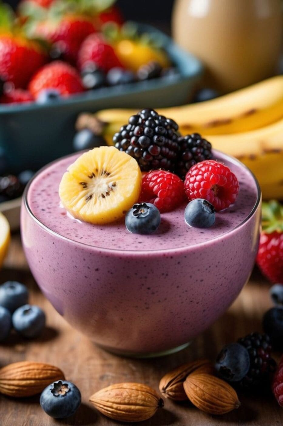 A vibrant vegan smoothie bowl topped with fresh berries, banana slices, and granola in a stylish bowl.