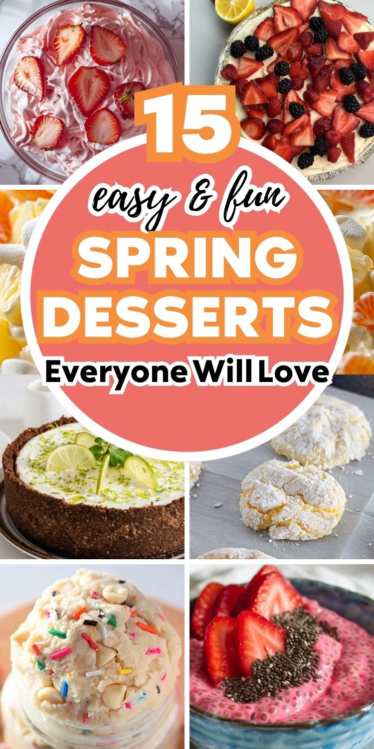 A variety of colorful spring desserts, including fruit tarts and no-bake treats