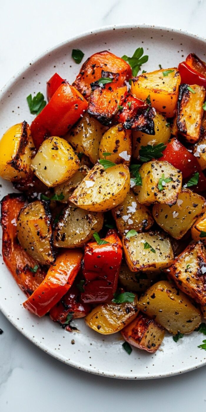 A mix of roasted bell peppers and cubed potatoes on a baking sheet, ready to serve with lemon pepper chicken.