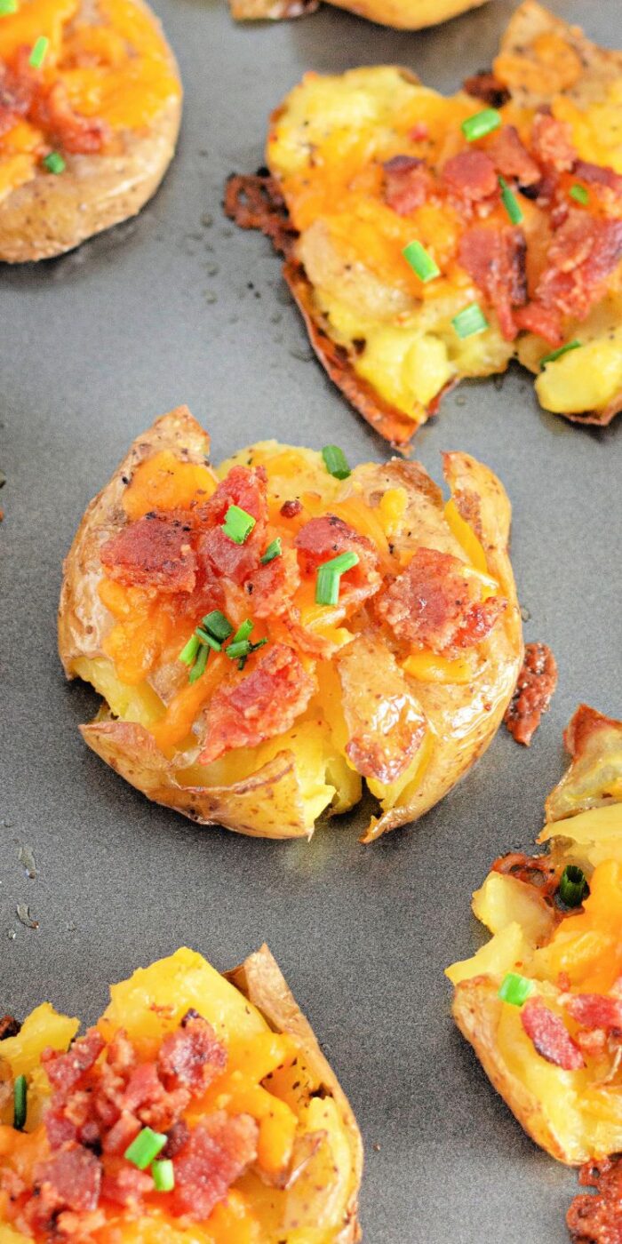 Crispy and Cheesy Bacon Cheddar Smashed Potatoes with Garlic