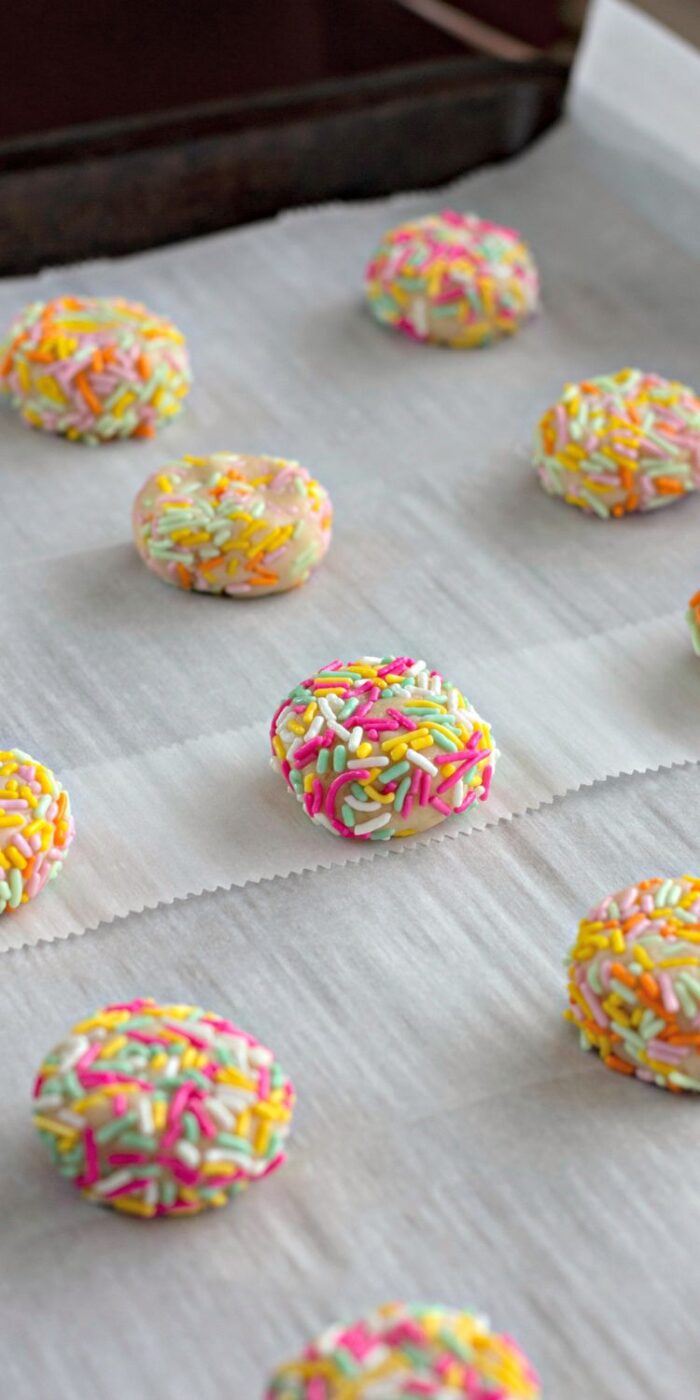 Soft funfetti cookies on a white dish, sprinkled with vibrant rainbow bits.