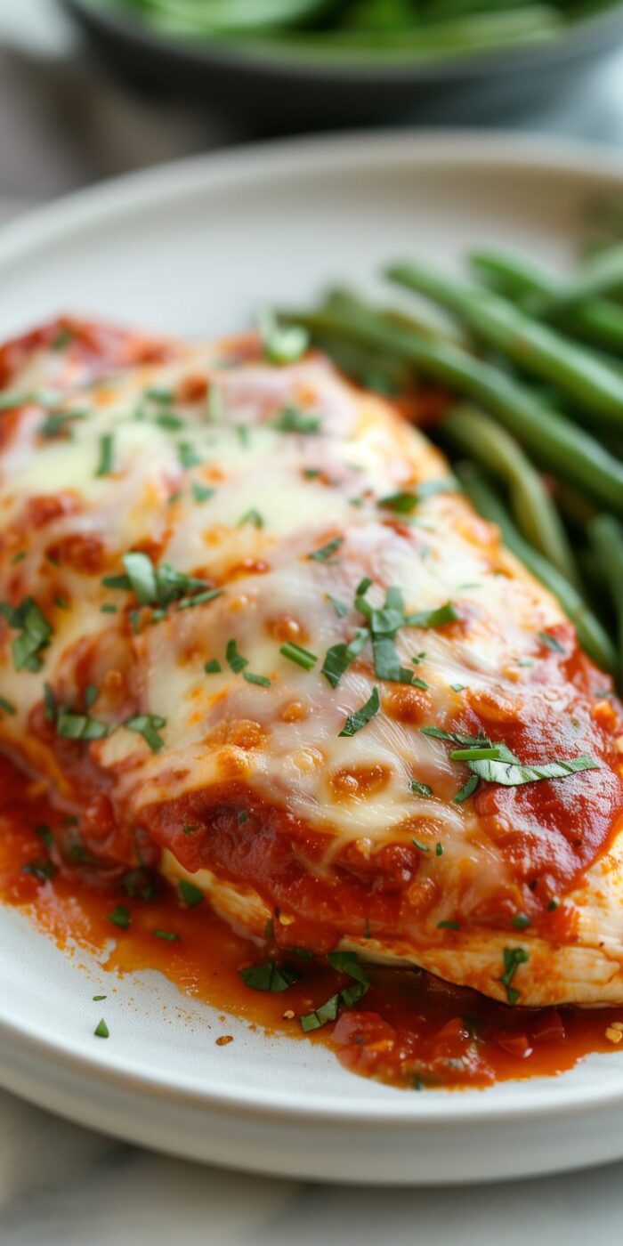 Cheesy marinara chicken bake with melted cheese and marinara sauce, a quick and easy one-pan dinner.