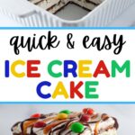 Easy no-bake ice cream sandwich cake topped with whipped cream and chocolate drizzle.