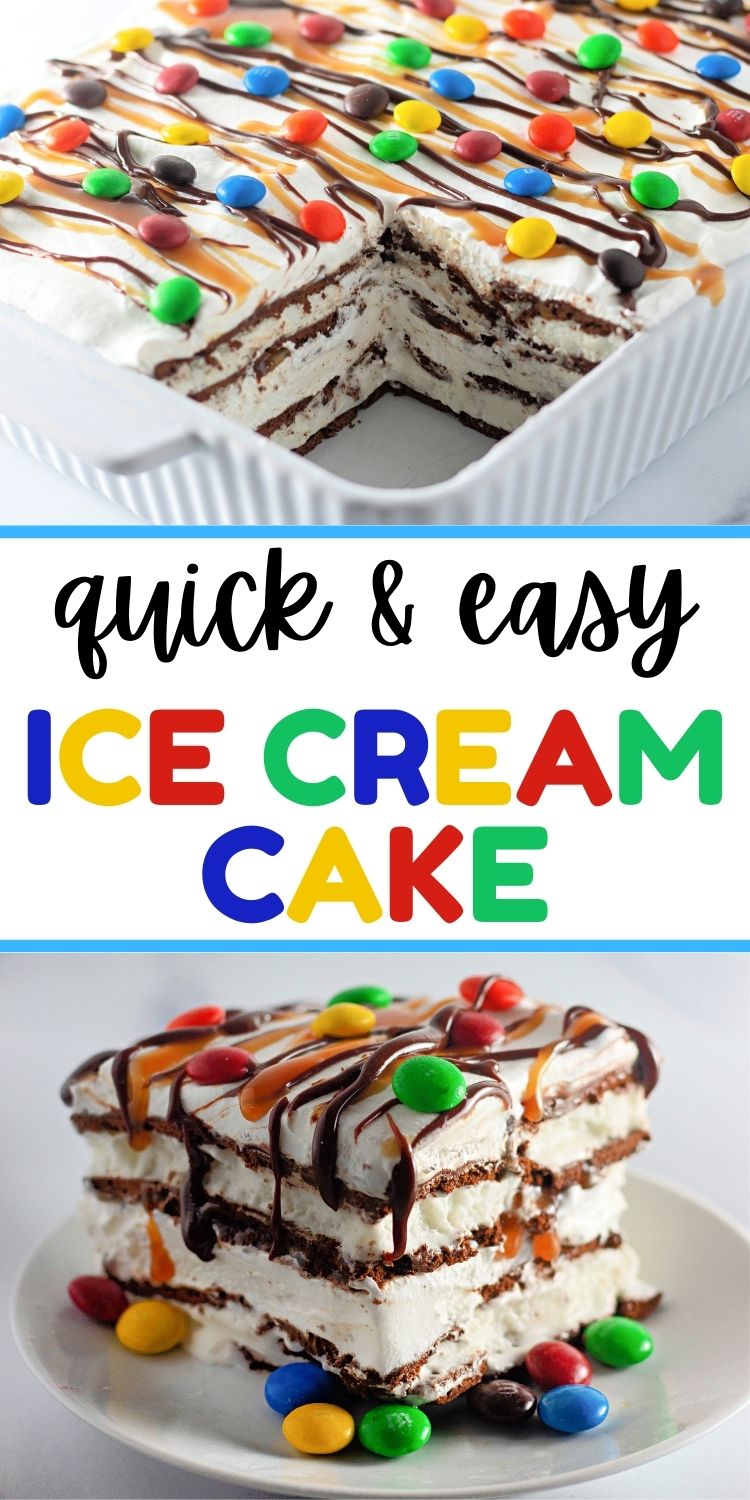 Easy no-bake ice cream sandwich cake topped with whipped cream and chocolate drizzle.