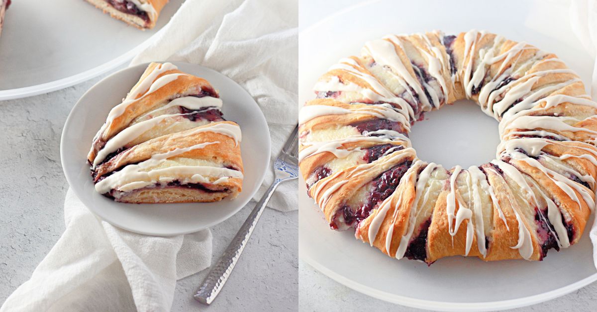 Crescent roll raspberry and cream cheese ring, golden and drizzled with icing.