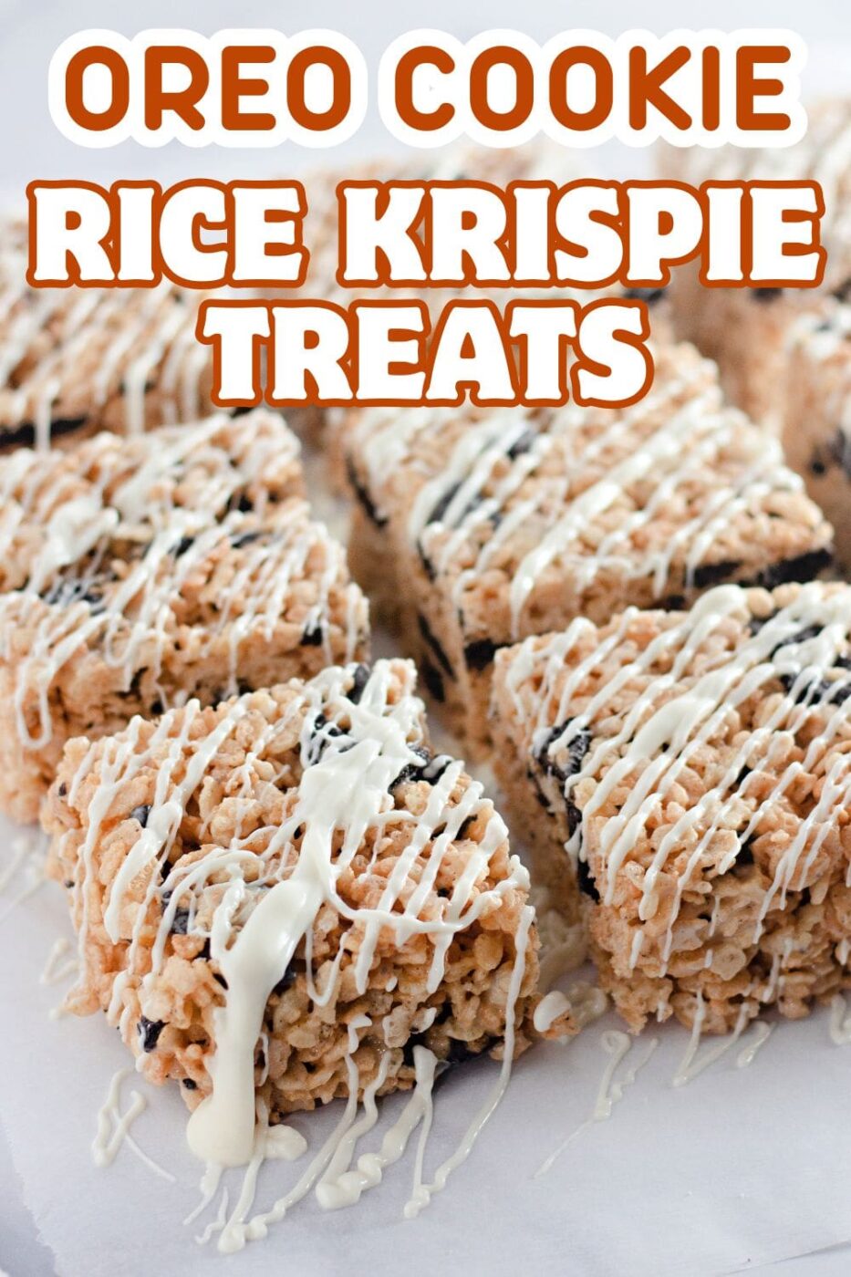 Close-up of gooey Oreo rice krispie treats stacked for a no-bake dessert.