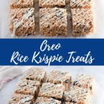 Stack of no-bake Oreo dessert bars with crispy rice cereal.