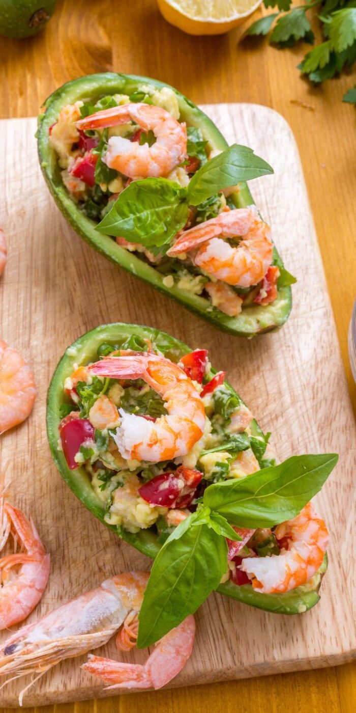 Shrimp stuffed avocados with seasoned shrimp and creamy avocado, a healthy low-carb appetizer or meal.