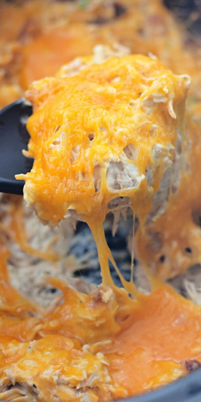 Creamy and cheesy crack chicken topped with crispy bacon and ranch, served hot in a skillet for an easy one-pot dinner
