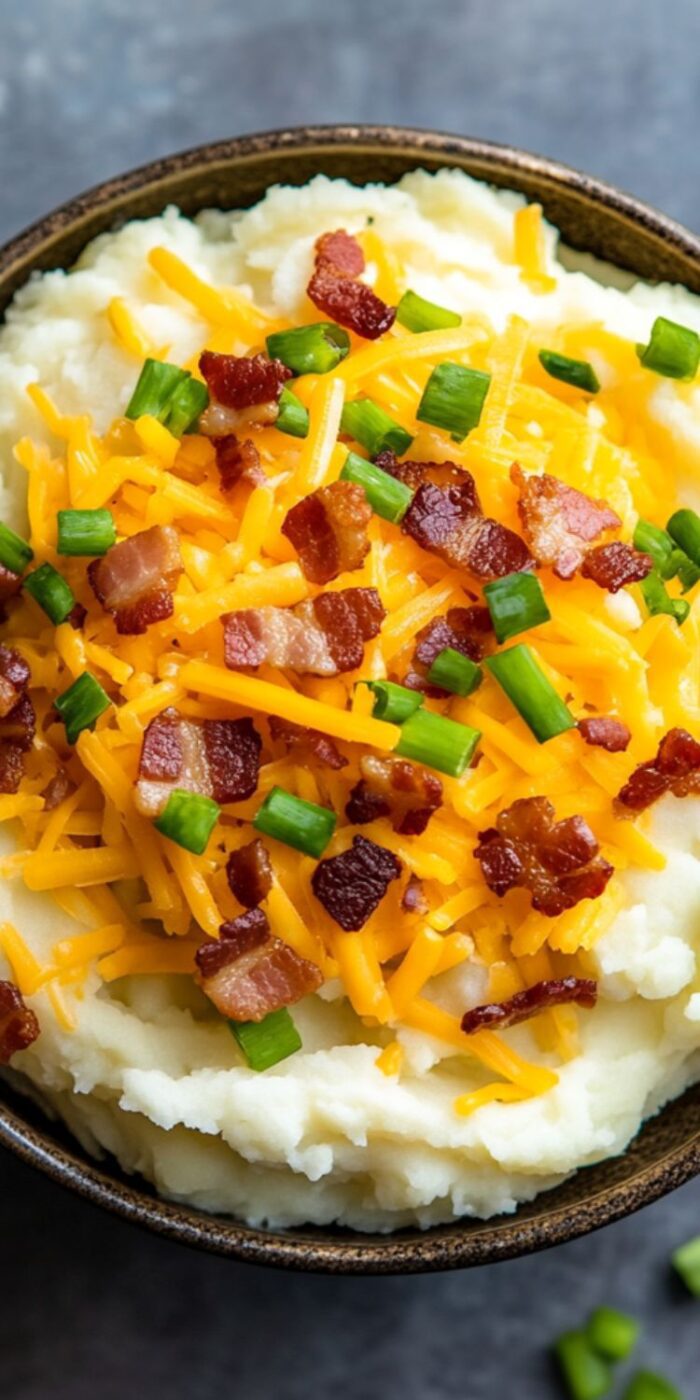 Creamy loaded mashed potatoes with cheese and bacon, served as a hearty comfort food side dish.