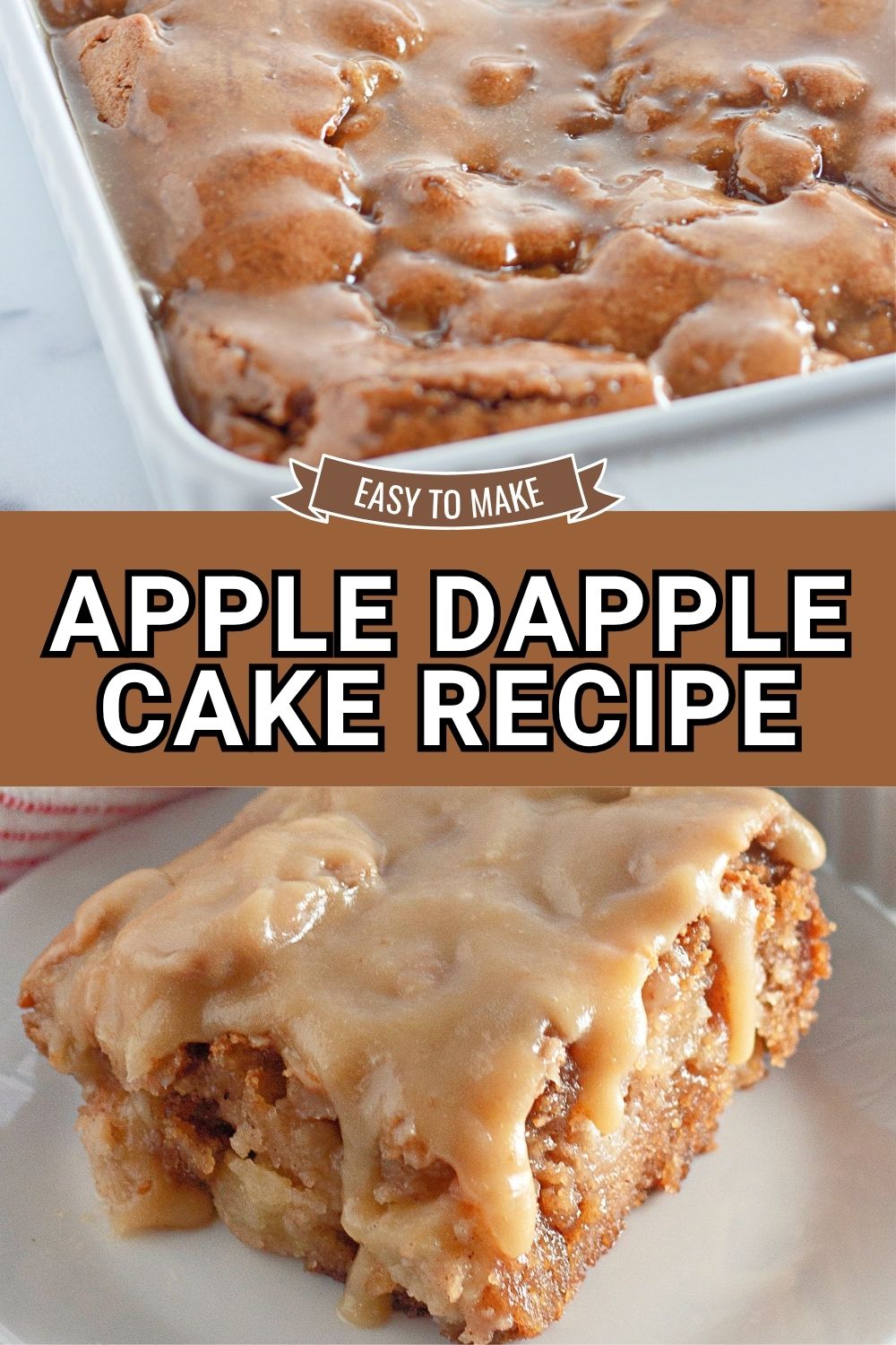 A slice of moist apple dapple cake with caramel glaze.