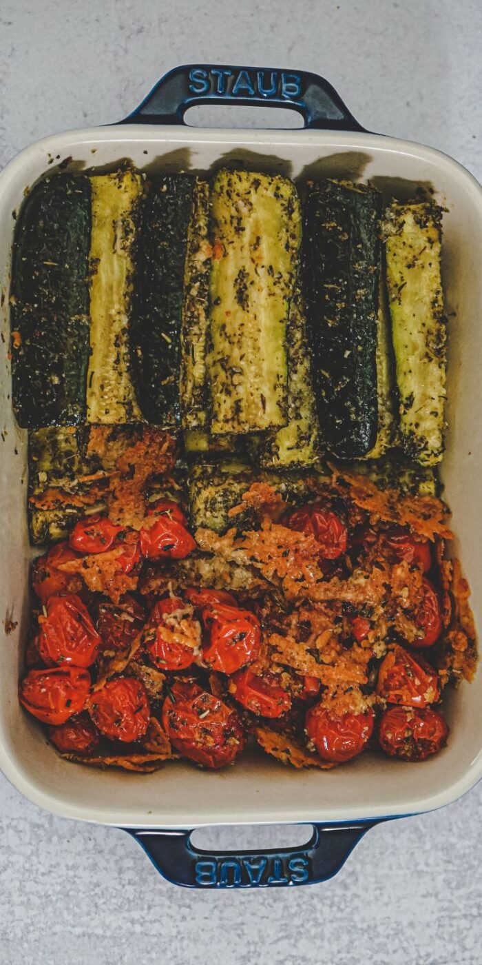 A flavorful dish of oven-roasted zucchini and tomatoes, seasoned to perfection for a healthy, easy side.