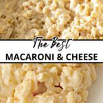 A close-up of cheesy, homemade mac and cheese in a pot.