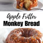 A golden-brown bundt cake of apple fritter monkey bread with glaze.