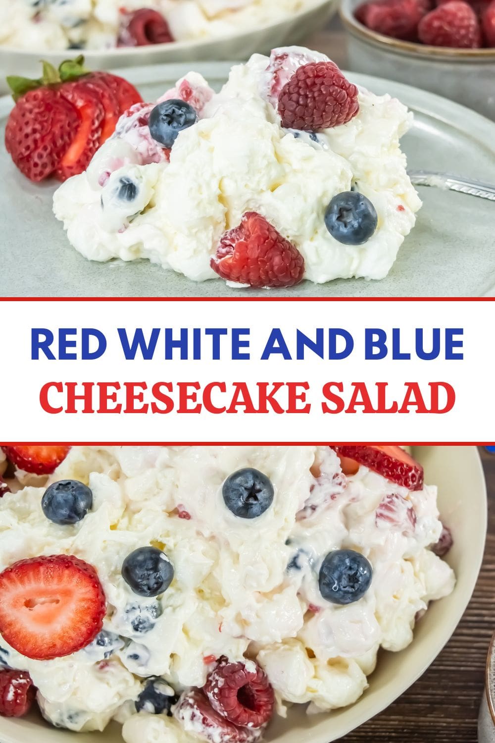 A close-up of creamy no-bake cheesecake salad with fresh strawberries and blueberries.