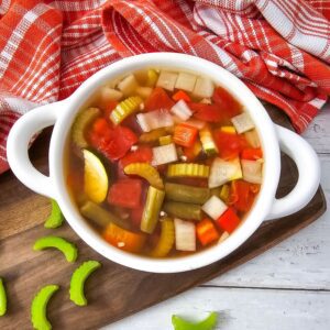 A clear, detailed image of the summer vegetable soup, suitable for a recipe card.
