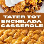 A close-up of a serving of beef enchilada tater tot casserole with melted cheese.