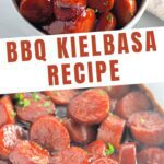Sweet and sticky BBQ kielbasa bites in a white serving bowl.