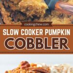 Crockpot pumpkin cobbler baked with pecans inside a slow cooker.