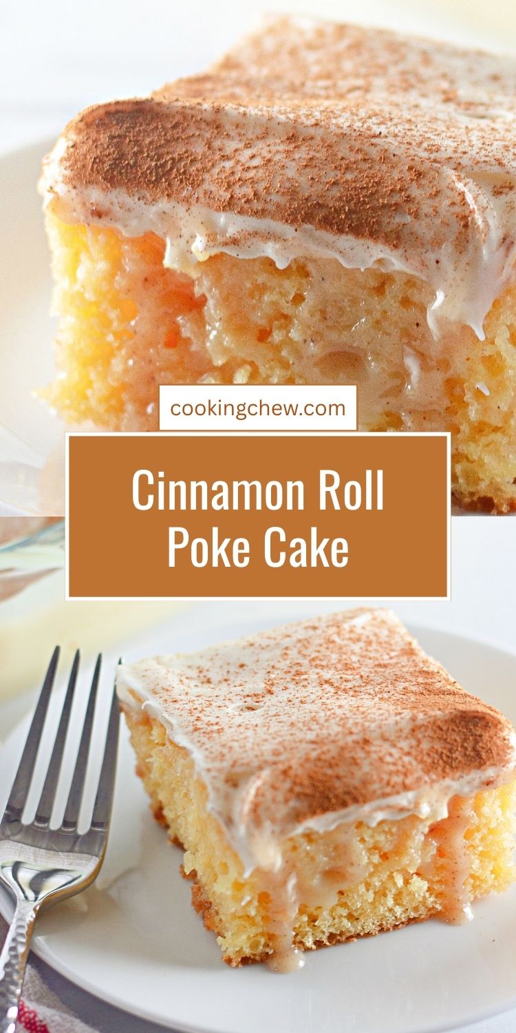 Cinnamon sugar poke cake slice topped with frosting and cinnamon dust.