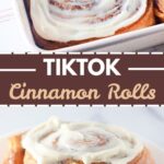 Tray of TikTok cinnamon rolls baked with heavy cream, golden and gooey.