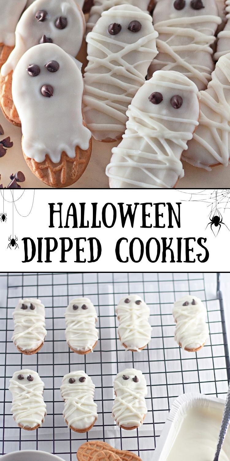Nutter Butter cookies dipped in white chocolate decorated as mummies and ghosts for Halloween.