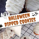 Close-up of mummy cookies decorated with white chocolate drizzle and chocolate chip eyes.