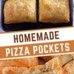 Homemade pizza pockets on baking tray with puff pastry crust.