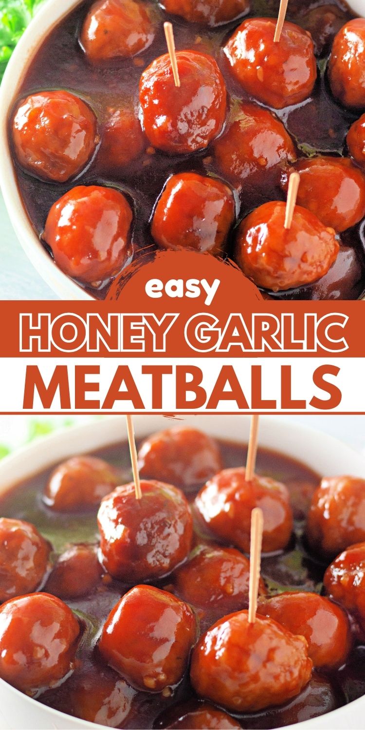 Slow cooker honey garlic meatballs coated in a sweet and savory brown sugar glaze, served as an easy crockpot appetizer.