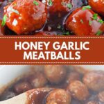 Sweet and sticky appetizer meatballs in a crockpot, garnished with fresh parsley for serving.