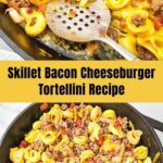 Skillet pasta with beef, bacon, and tortellini topped with melted cheddar cheese.
