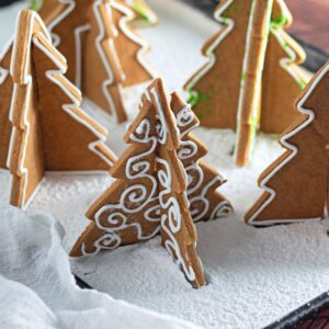 Close-up of decorated 3D gingerbread Christmas trees.