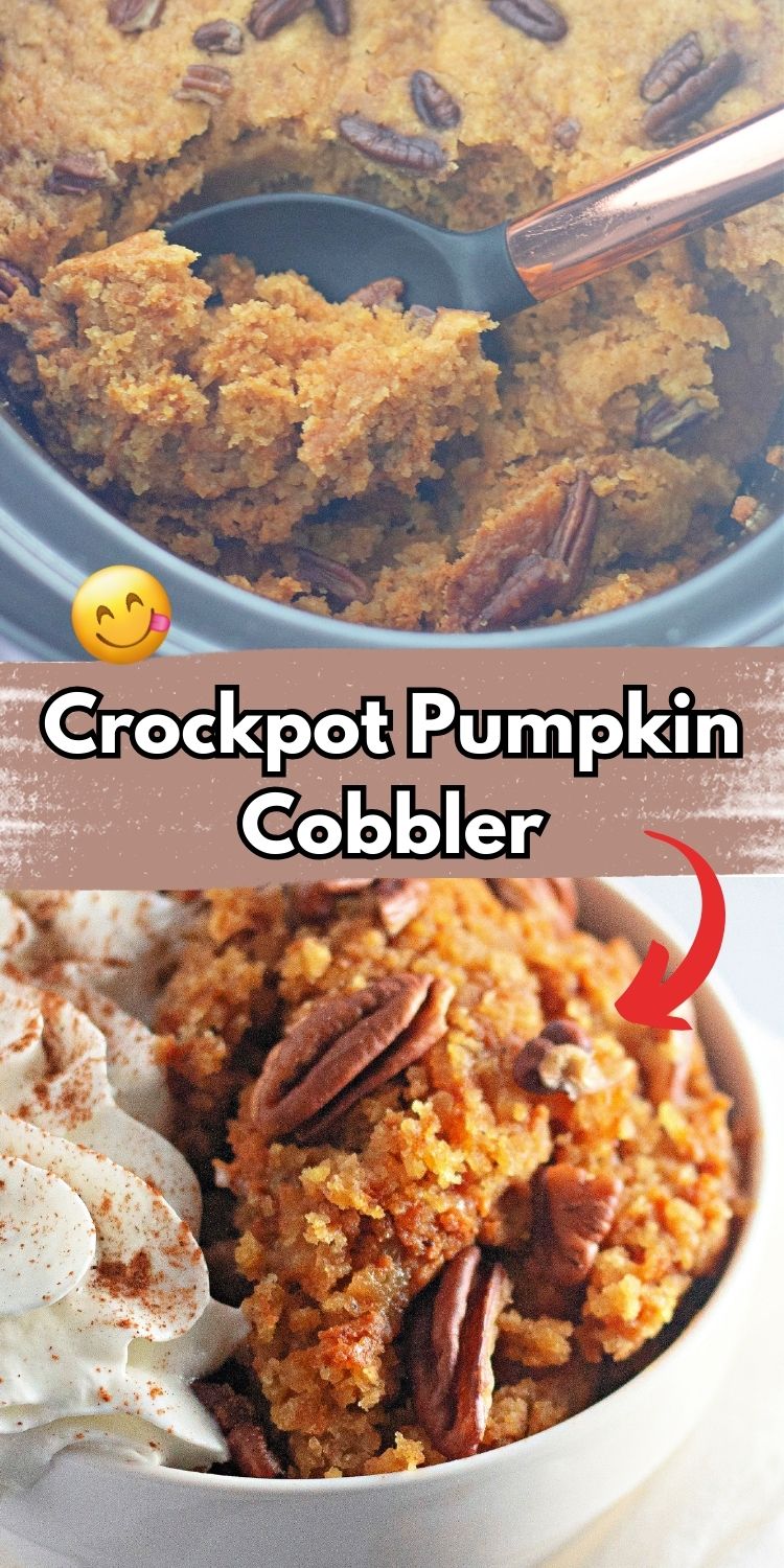Pumpkin cobbler with pecans served in a bowl with whipped cream.