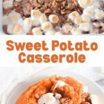 Sweet potato casserole topped with pecan streusel in a baking dish.