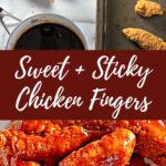 Crispy chicken tenders coated in sweet and spicy sauce, piled on a white plate