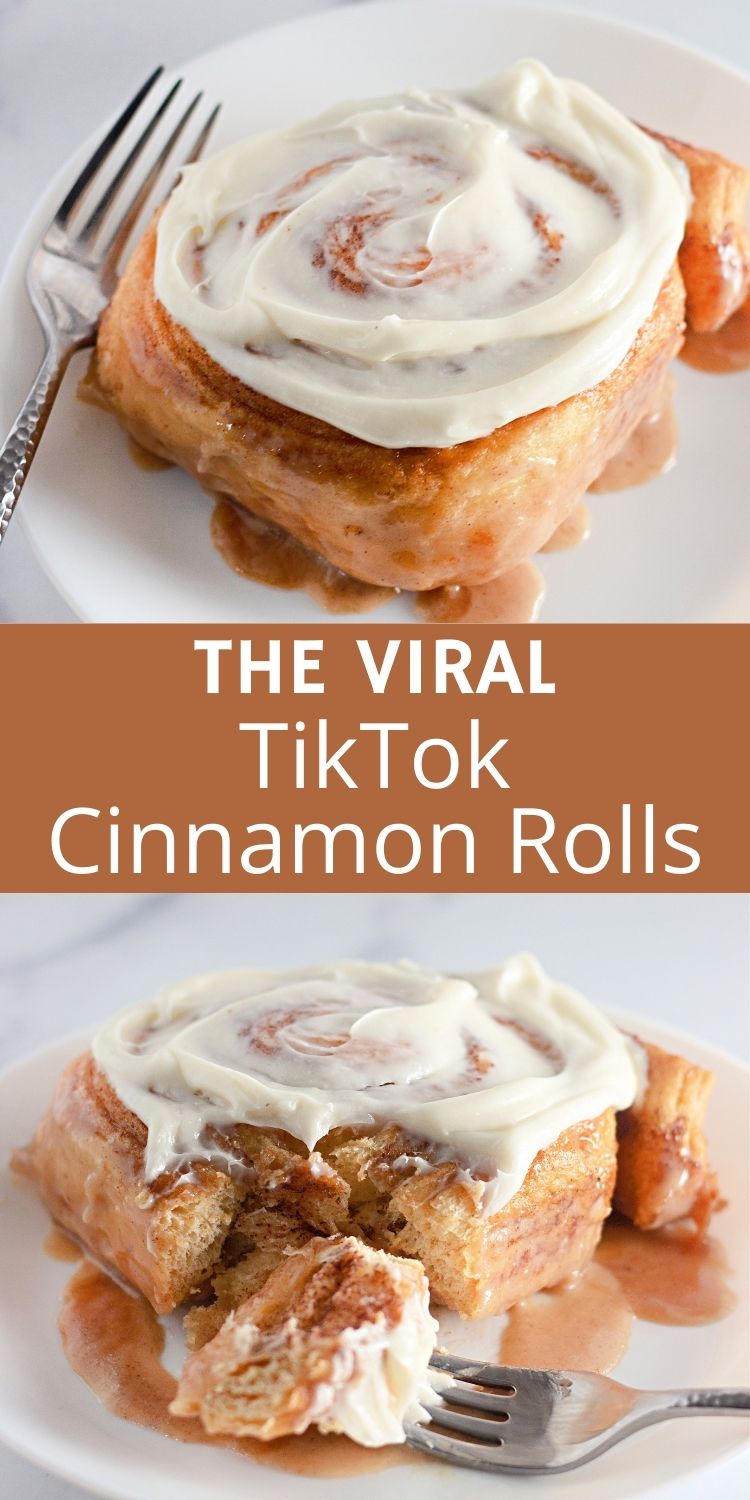 Close-up of gooey TikTok cinnamon rolls topped with rich cream cheese frosting.