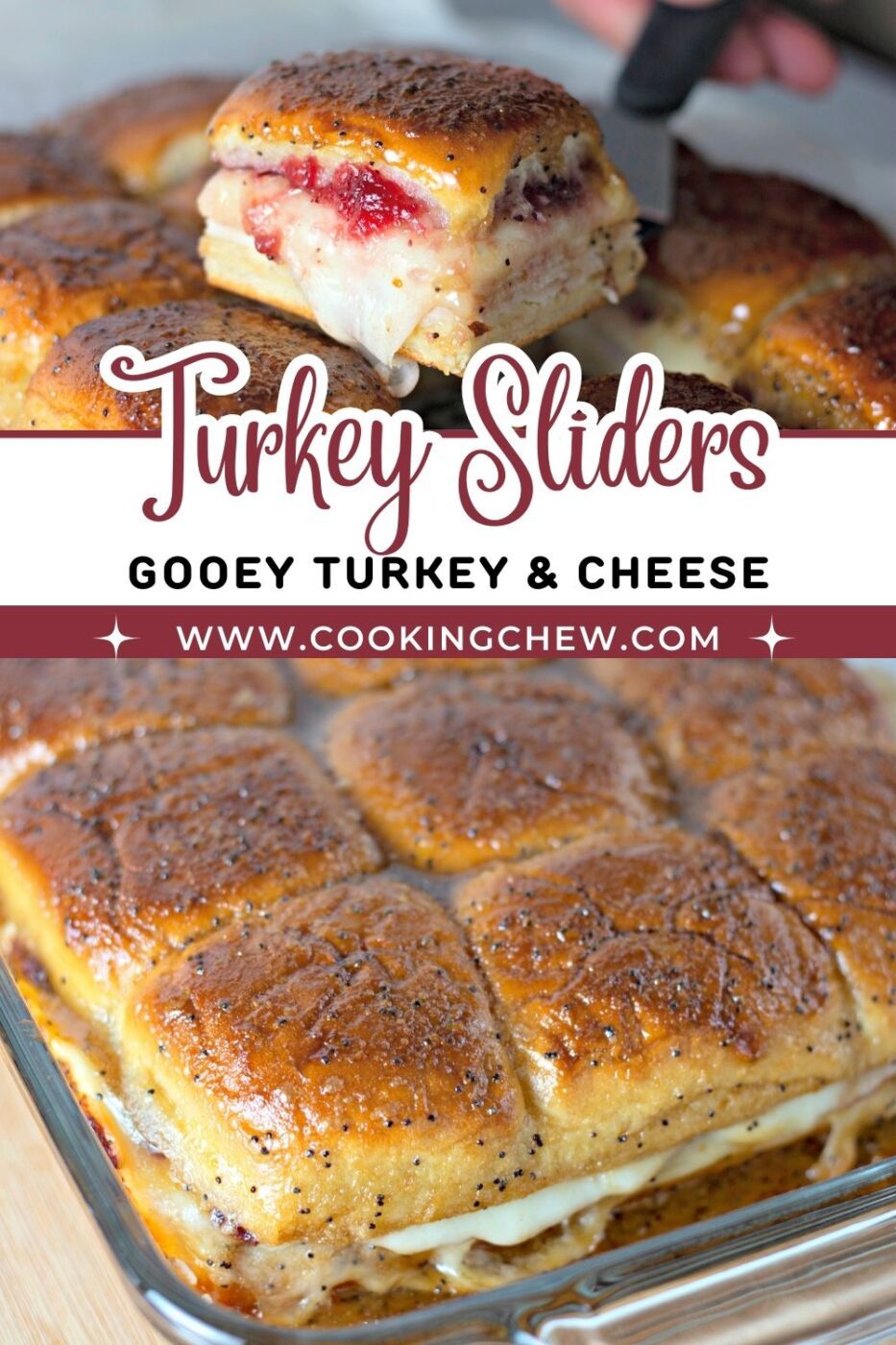 A tray of gooey turkey cranberry sliders with melted cheese and golden poppy seed glaze.