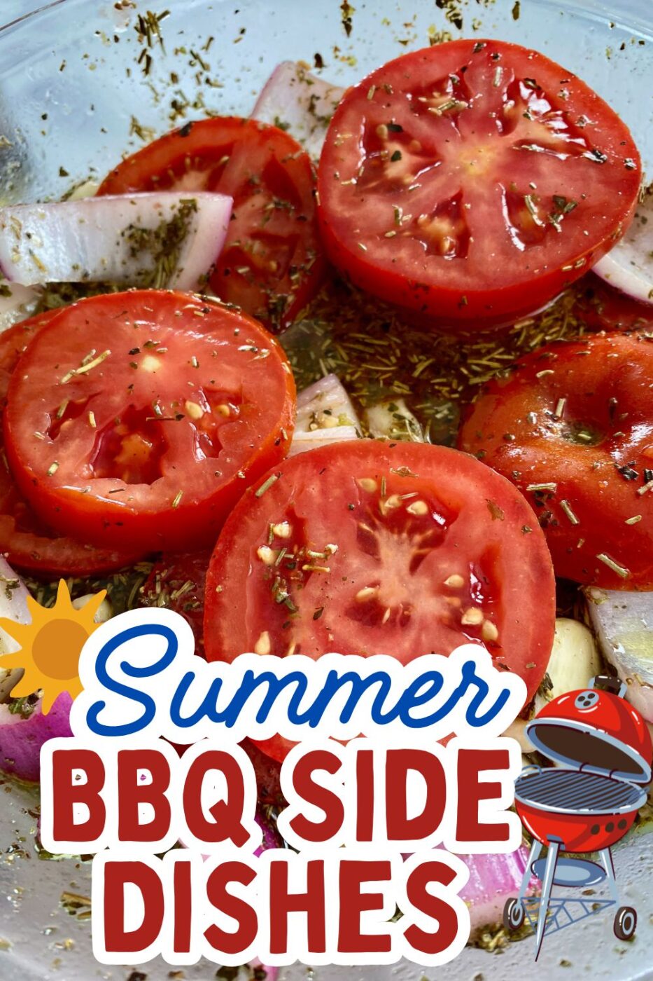 A vibrant bowl of marinated tomatoes with fresh herbs, ready to be served.